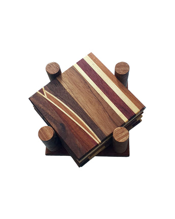 Geometric Wood Square Coaster Set with Holder